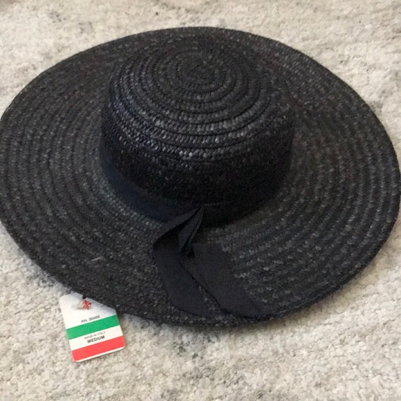 Vintage Italian Black Natural Straw Hat Medium - Picture 1 of 6